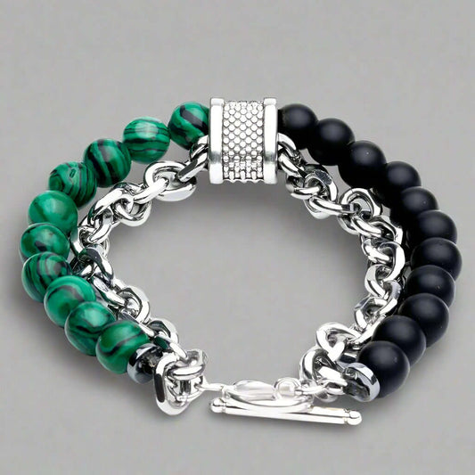 THE MEN THING Bead Bracelet BEADFUSION GREEN-  Natural Beads Bracele - Become Money Magnet - Malachite Natural Stone Colorful 7 Chakra Energy Stretch Bracelet (8inch)