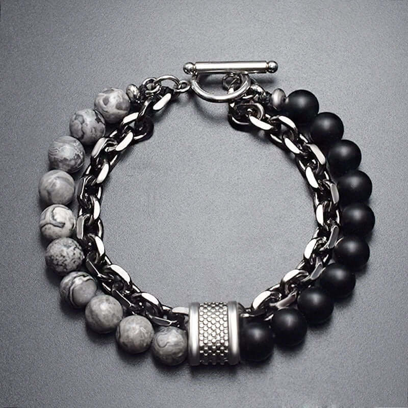 THE MEN THING Bead Bracelet BEADFUSION GREY - Natural Beads Bracelet for Men - Become Money Magnet - Natural Flash Stone Colorful 7 Chakra Energy Stretch Bracelet (8inch)