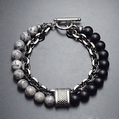 THE MEN THING Bead Bracelet BEADFUSION GREY - Natural Beads Bracelet for Men - Become Money Magnet - Natural Flash Stone Colorful 7 Chakra Energy Stretch Bracelet (8inch)