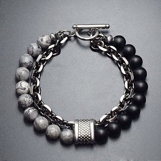 THE MEN THING Bead Bracelet BEADFUSION GREY - Natural Beads Bracelet for Men - Become Money Magnet - Natural Flash Stone Colorful 7 Chakra Energy Stretch Bracelet (8inch)