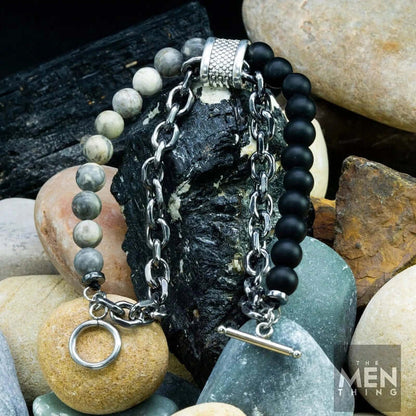THE MEN THING Bead Bracelet BEADFUSION GREY - Natural Beads Bracelet for Men - Become Money Magnet - Natural Flash Stone Colorful 7 Chakra Energy Stretch Bracelet (8inch)