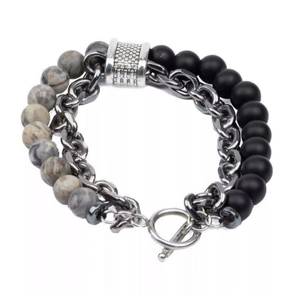 THE MEN THING Bead Bracelet BEADFUSION GREY - Natural Beads Bracelet for Men - Become Money Magnet - Natural Flash Stone Colorful 7 Chakra Energy Stretch Bracelet (8inch)