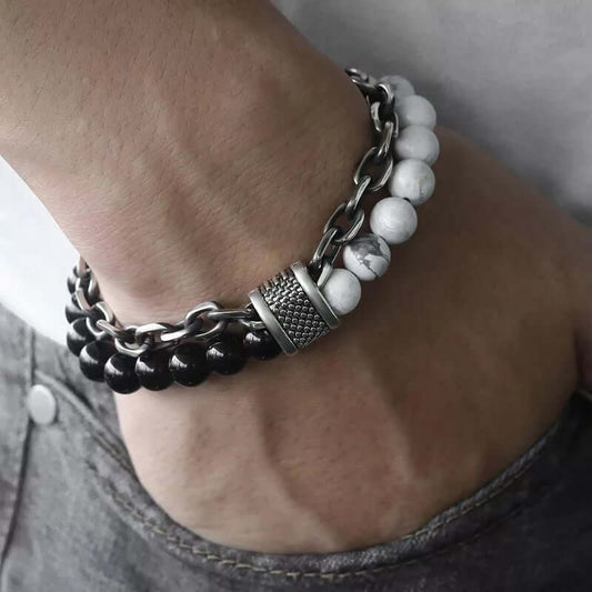 THE MEN THING Bead Bracelet BEADFUSION WHITE - Natural Beads Bracelet for Men - Become Money Magnet - Natural Volcanic Stone Colorful 7 Chakra Energy Stretch Bracelet (8inch)