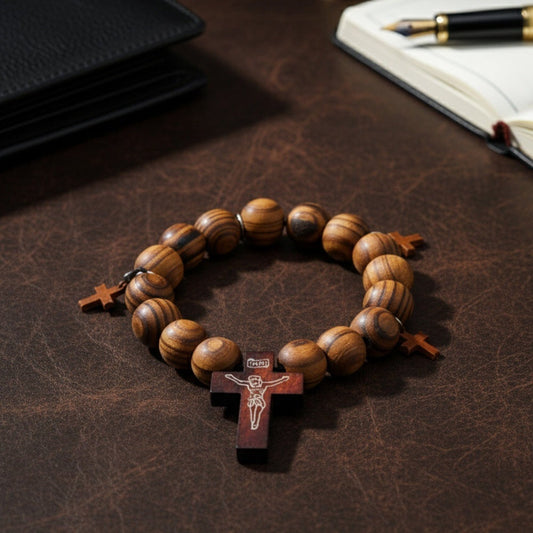 THE MEN THING Bead Bracelet DIVINEWOOD ROSARY  - 14mm Wooden Beads Bracelet with Natural Stone - Adjustable Bracelet