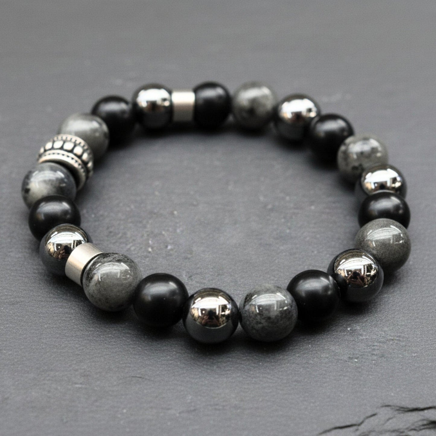 THE MEN THING Bead Bracelet GREYHAWK - 12mm Beads Bracelet with Natural Stone - Adjustable Bracelet