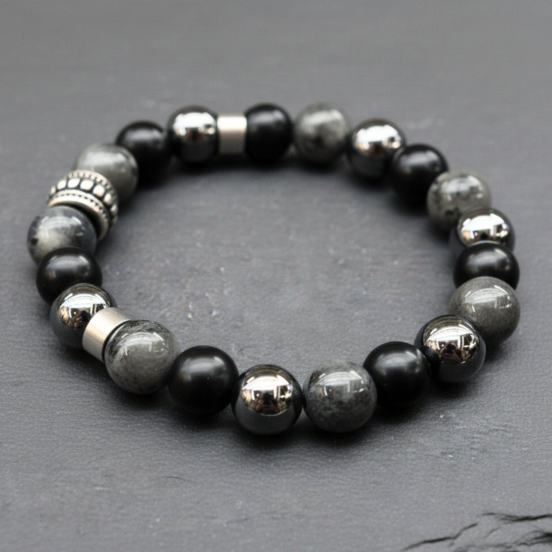 THE MEN THING Bead Bracelet GREYHAWK - 12mm Beads Bracelet with Natural Stone - Adjustable Bracelet