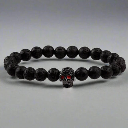 THE MEN THING Bead Bracelet INTERNO BLACK SKULL - Natural Beads Bracelet - Oxy Black Toned Skull with Red Stone in Eyes (7inch)