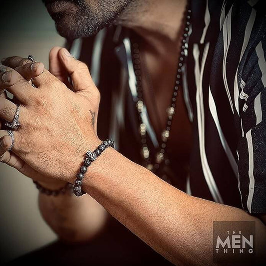 THE MEN THING Bead Bracelet INTERNO BLACK SKULL - Natural Beads Bracelet - Oxy Black Toned Skull with Red Stone in Eyes (7inch)