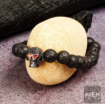 THE MEN THING Bead Bracelet INTERNO BLACK SKULL - Natural Beads Bracelet - Oxy Black Toned Skull with Red Stone in Eyes (7inch)