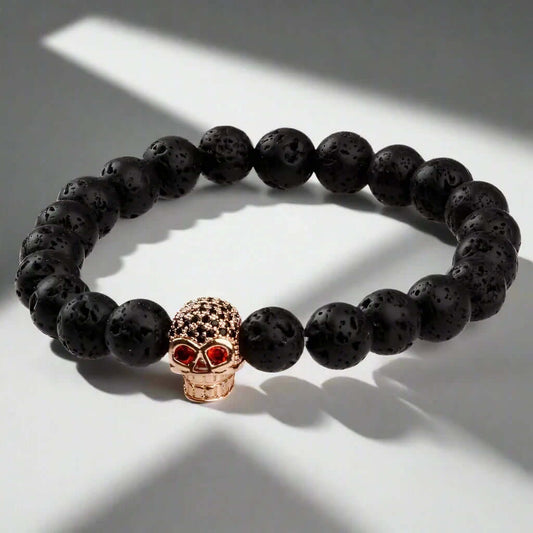 THE MEN THING Bead Bracelet INTERNO SKULL -  Natural Beads Bracelet - Rose Gold Toned Skull with Red Stone in Eyes  (7inch)