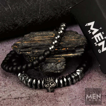 THE MEN THING Bead Bracelet LAVA EMBRACE SKUL DUO- Black Silver tone -  Beads Bracelet with Natural Volcanic Stone - 7inch Stretch Bracelet