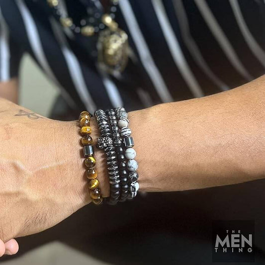 THE MEN THING Bead Bracelet LAVA EMBRACE SKUL DUO- Black Silver tone -  Beads Bracelet with Natural Volcanic Stone - 7inch Stretch Bracelet