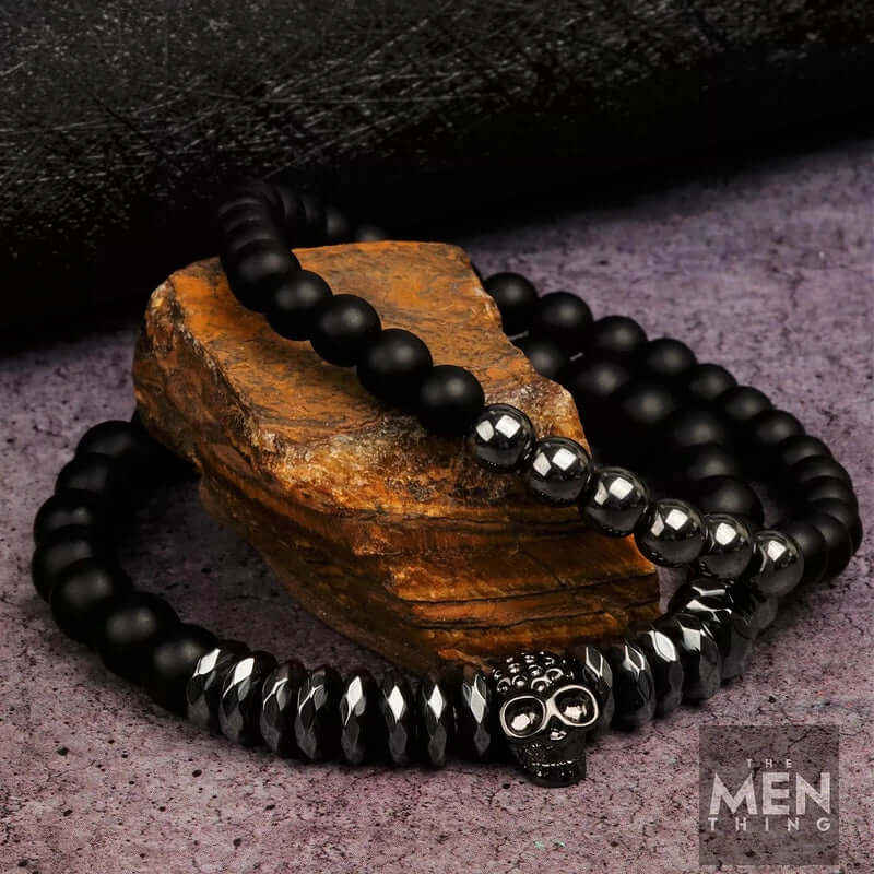 THE MEN THING Bead Bracelet LAVA EMBRACE SKUL DUO- Black Silver tone -  Beads Bracelet with Natural Volcanic Stone - 7inch Stretch Bracelet