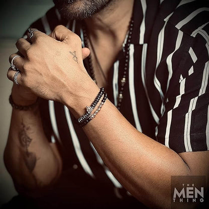 THE MEN THING Bead Bracelet LAVA EMBRACE SKULL DUO - Gold Toned- Beads Bracelet with Natural Volcanic Stone - 7inch Stretch Bracelet