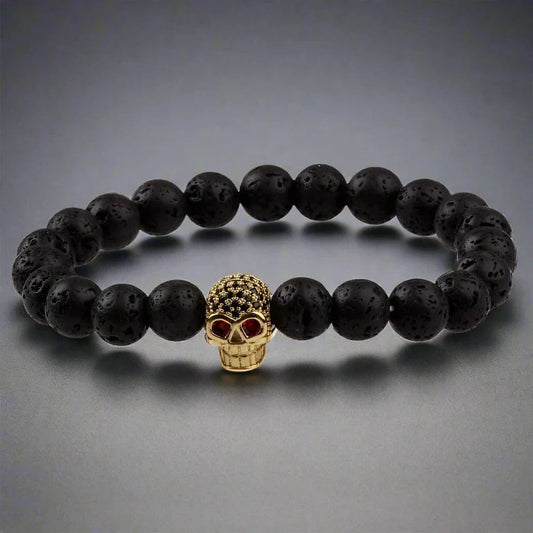 THE MEN THING Bead Bracelet LAVA SKULL RED EYE - Beads Bracelet with Natural Volcanic Stone - 7inch Stretch Bracelet