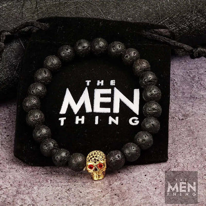 THE MEN THING Bead Bracelet LAVA SKULL RED EYE - Beads Bracelet with Natural Volcanic Stone - 7inch Stretch Bracelet