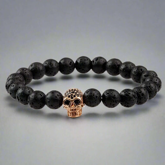 THE MEN THING Bead Bracelet LAVA SKULL ROSE GOLD TONE - Beads Bracelet with Natural Volcanic Stone - 7inch Stretch Bracelet