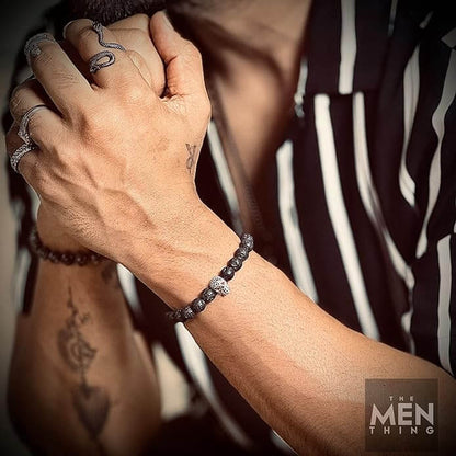 THE MEN THING Bead Bracelet LAVA SKULL SILVER TONE - Beads Bracelet with Natural Volcanic Stone - 7inch Stretch Bracelet