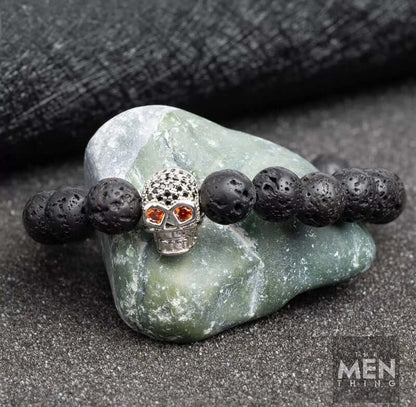 THE MEN THING Bead Bracelet LAVA SKULL SILVER TONE - Beads Bracelet with Natural Volcanic Stone - 7inch Stretch Bracelet
