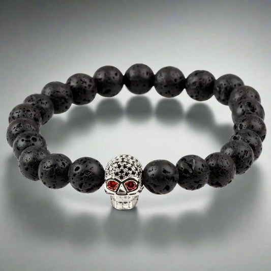 THE MEN THING Bead Bracelet LAVA SKULL SILVER TONE - Beads Bracelet with Natural Volcanic Stone - 7inch Stretch Bracelet