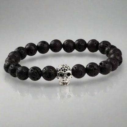 THE MEN THING Bead Bracelet LAVA SKULL SILVER TONE - Beads Bracelet with Natural Volcanic Stone - 7inch Stretch Bracelet