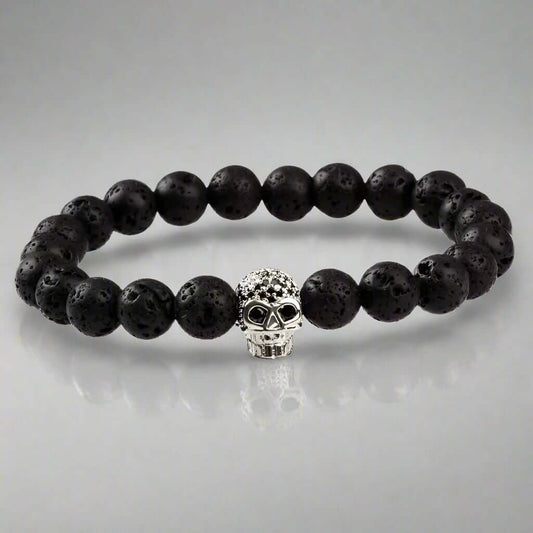 THE MEN THING Bead Bracelet LAVA SKULL SILVER TONE - Beads Bracelet with Natural Volcanic Stone - 7inch Stretch Bracelet