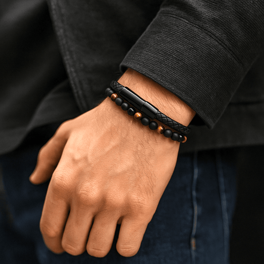 THE MEN THING Bead Bracelet NATURAL TIGER EYE HEALER -   Natural Healing Beads  - Tiger Eye Stone & Black Onyx Leather with Stainless Steel Magnetic Buckle for Men & Boys (7.5inch)