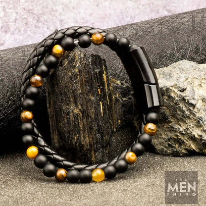 THE MEN THING Bead Bracelet NATURAL TIGER EYE HEALER -   Natural Healing Beads  - Tiger Eye Stone & Black Onyx Leather with Stainless Steel Magnetic Buckle for Men & Boys (7.5inch)