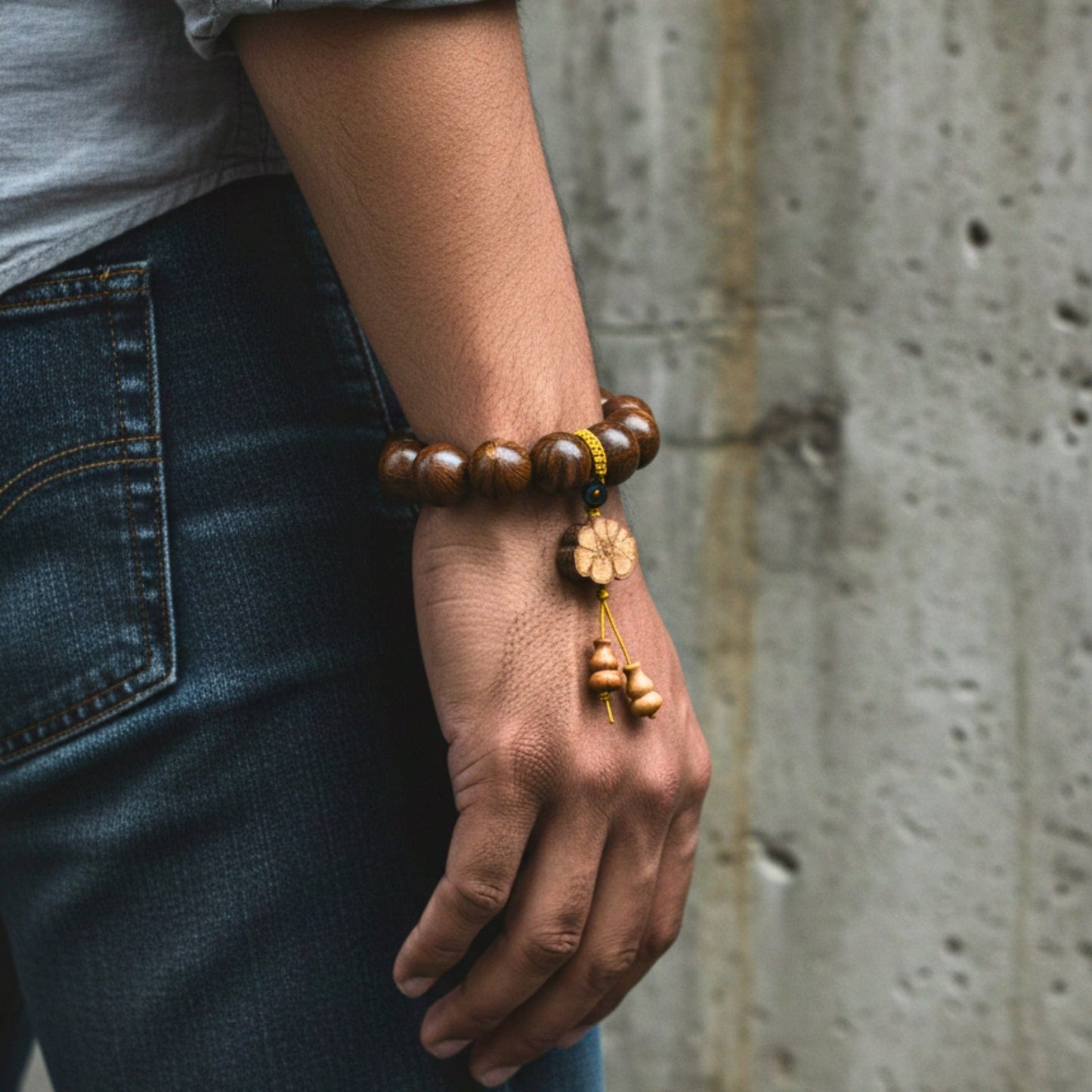 THE MEN THING Bead Bracelet NATURE BOUND - 21mm Wooden Beads Bracelet with Natural Stone - Adjustable Bracelet