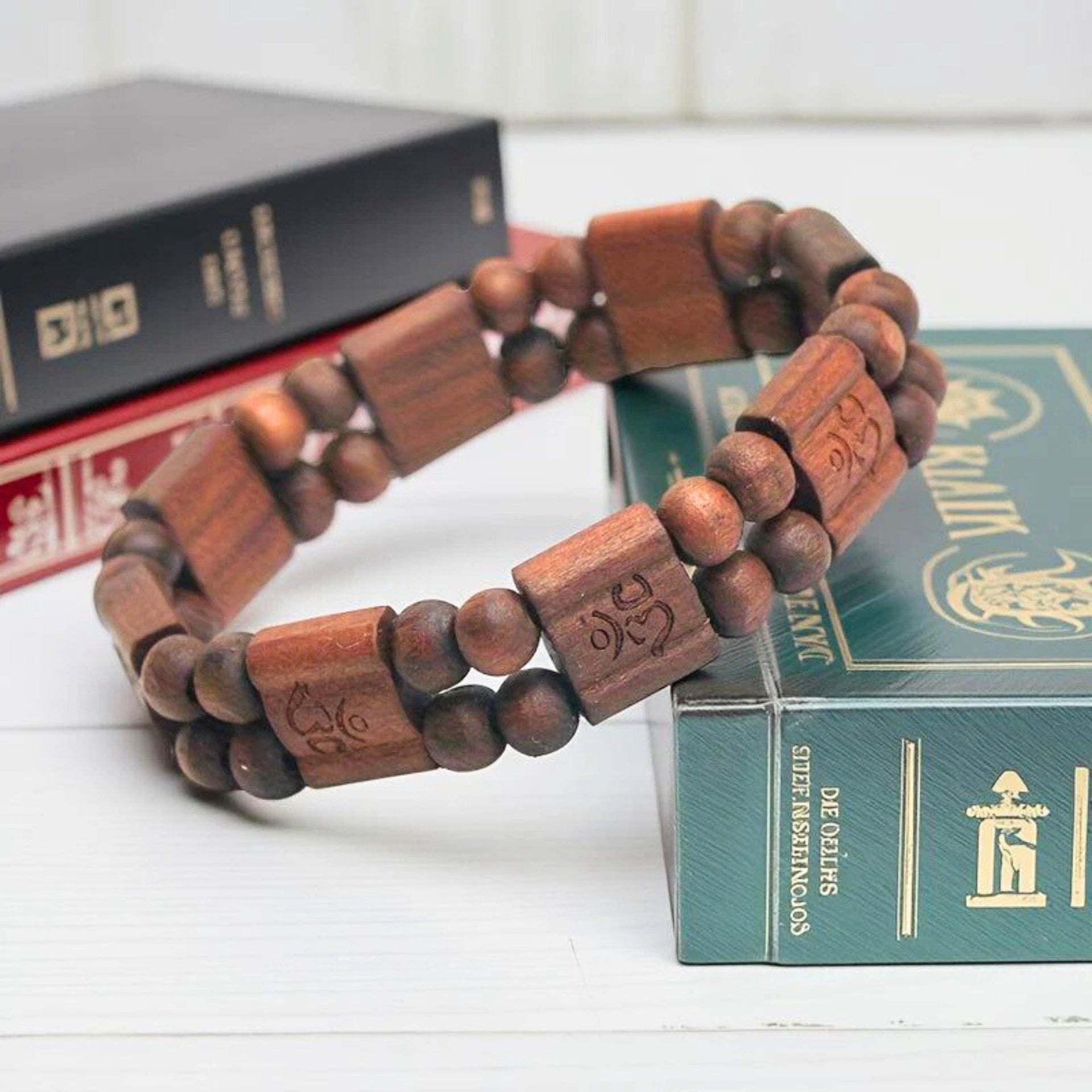 THE MEN THING Bead Bracelet OM SERENITY - 15mm Wooden Beads Bracelet with Natural Stone - Adjustable Bracelet