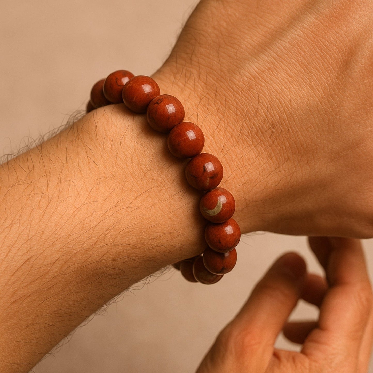 THE MEN THING Bead Bracelet RED JASPER - 12mm Beads Bracelet with Natural Stone - Adjustable Bracelet
