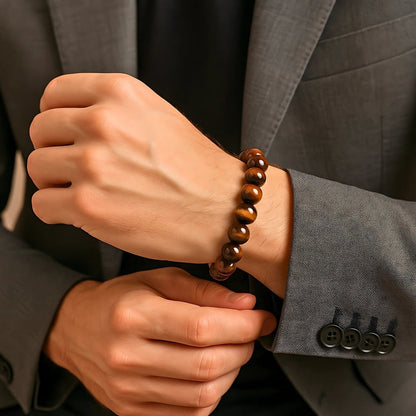 THE MEN THING Bead Bracelet TIGORA TIGERS EYE - 12mm Beads Bracelet with Natural Stone - Adjustable Bracelet