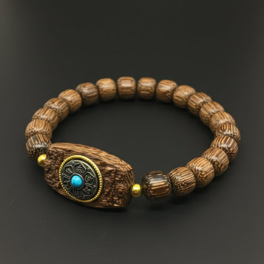 THE MEN THING Bead Bracelet TURQUOISE AMULET  - 10mm Wooden Beads Bracelet with Natural Stone - Adjustable Bracelet