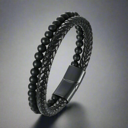 THE MEN THING Bead Bracelets EBONY DUO -  European Style Genuine Leather Bracelet with Multi-Layer Braided, 100% Stainless Steel Magnetic Buckle for Men & Boys (7 inch)