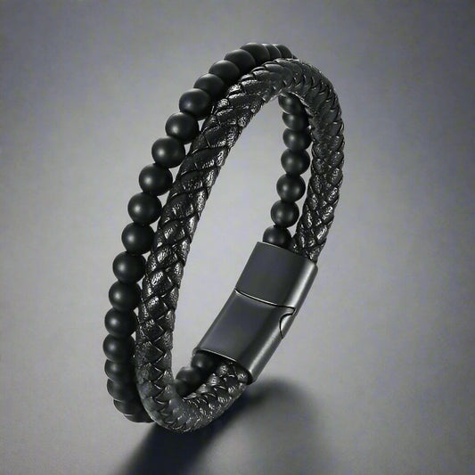 THE MEN THING Bead Bracelets EBONY DUO -  European Style Genuine Leather Bracelet with Multi-Layer Braided, 100% Stainless Steel Magnetic Buckle for Men & Boys (7 inch)