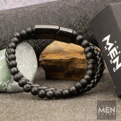 THE MEN THING Bead Bracelets EBONY DUO -  European Style Genuine Leather Bracelet with Multi-Layer Braided, 100% Stainless Steel Magnetic Buckle for Men & Boys (7 inch)