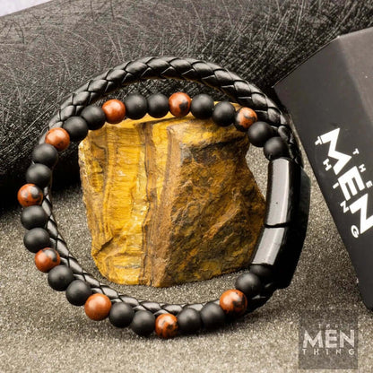 THE MEN THING Bead Bracelets ECLIPSE SAND - European Style Genuine Leather Bracelet with Multi-Layer Braided, 100% Stainless Steel Magnetic Buckle for Men & Boys (7 inch)