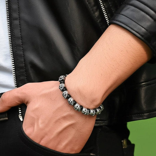 THE MEN THING Bead Bracelets GRIM SKULL - Black Agate - 8inch Pure Stainless Steel Bracelet for Men & Boy