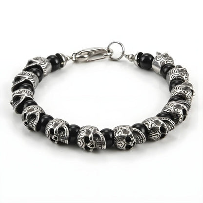THE MEN THING Bead Bracelets GRIM SKULL - Black Agate - 8inch Pure Stainless Steel Bracelet for Men & Boy