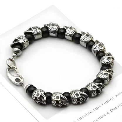 THE MEN THING Bead Bracelets GRIM SKULL - Black Agate - 8inch Pure Stainless Steel Bracelet for Men & Boy