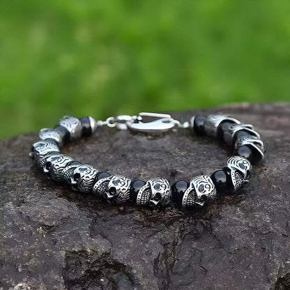 THE MEN THING Bead Bracelets GRIM SKULL - Black Agate - 8inch Pure Stainless Steel Bracelet for Men & Boy
