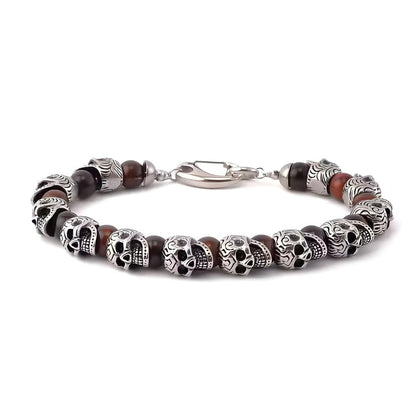 THE MEN THING Bead Bracelets GRIM SKULL - Red Tiger Eye - 8inch Pure Stainless Steel Bracelet for Men & Boy