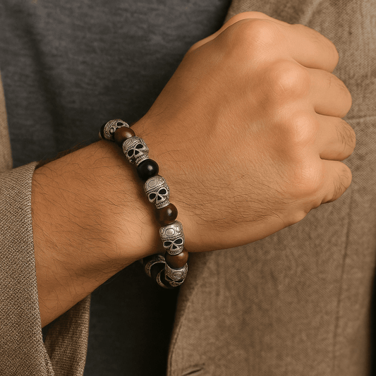 THE MEN THING Bead Bracelets GRIM SKULL - Red Tiger Eye - 8inch Pure Stainless Steel Bracelet for Men & Boy