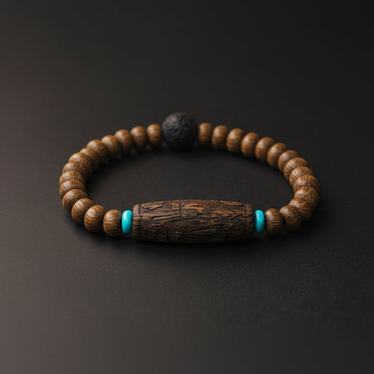 THE MEN THING Bead Bracelets LAVA SAGE  - 10mm Wooden Beads Bracelet with Natural Stone - Adjustable Bracelet