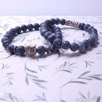 THE MEN THING Beads Bracelet BLUE ONYX OWL - Natural Beads Alloy Stretch Bracelet for Men and Boys