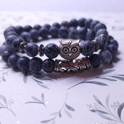 THE MEN THING Beads Bracelet BLUE ONYX OWL - Natural Beads Alloy Stretch Bracelet for Men and Boys
