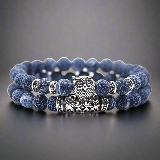 THE MEN THING Beads Bracelet BLUE ONYX OWL - Natural Beads Alloy Stretch Bracelet for Men and Boys