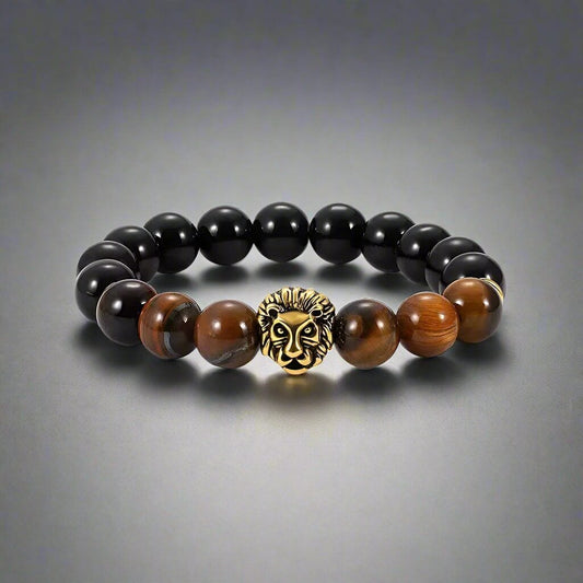 THE MEN THING Beads Bracelet LION HEAD - Natural Beads Alloy Stretch Bracelet for Men and Boys