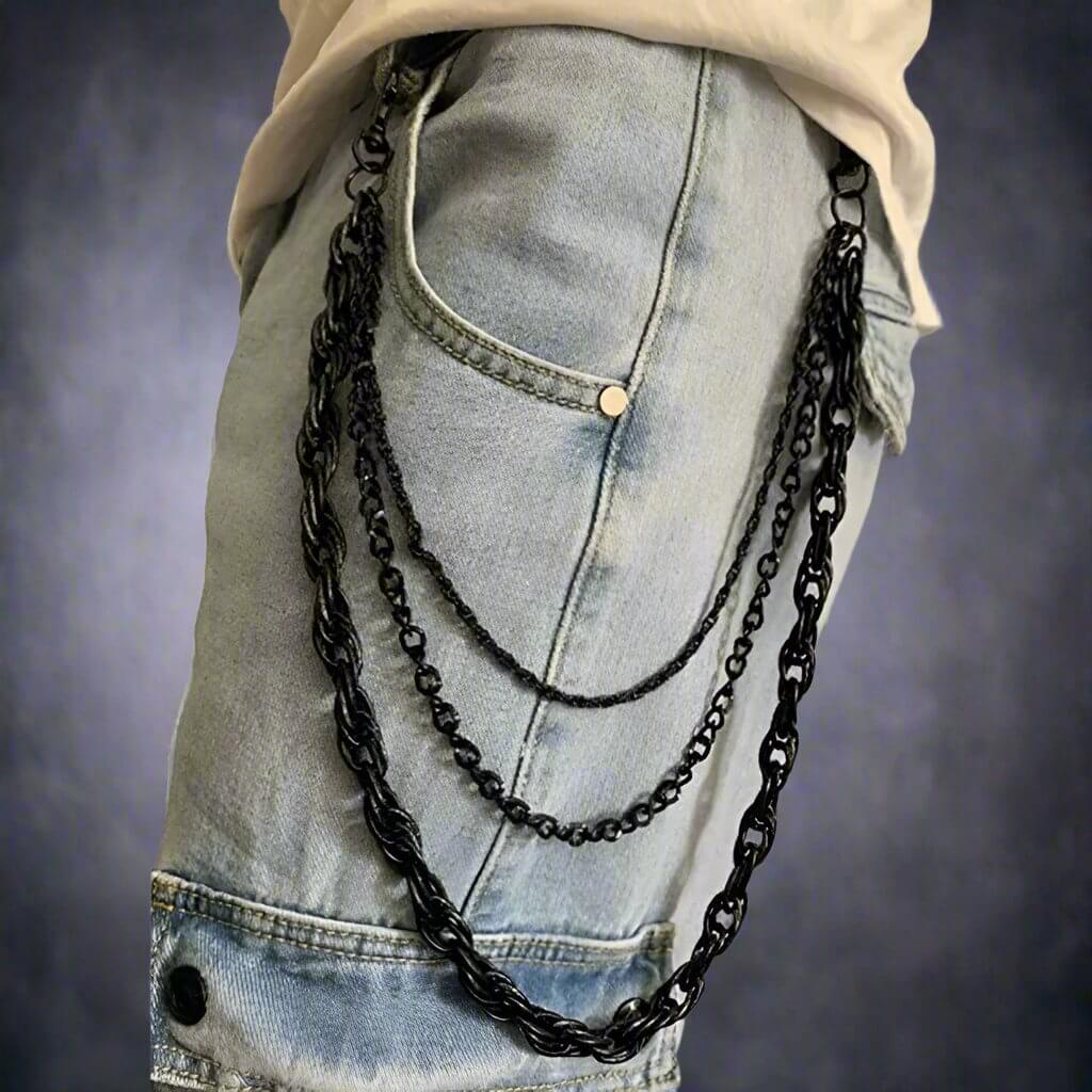 THE MEN THING Biker Fashion AEGIS CHAIN BLACK - 3pcs Alloy Multi-Layer Long Biker Jeans Chain with Lobster Clasps for Men & Boys - 36 inch