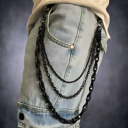 THE MEN THING Biker Fashion AEGIS CHAIN BLACK - 3pcs Alloy Multi-Layer Long Biker Jeans Chain with Lobster Clasps for Men & Boys - 36 inch